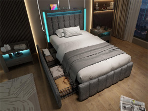 ModernLuxe Bed met 2 laden 90x200cm gestoffeerd in linnen - met laadfunctie en LED-verlichting - Grijs