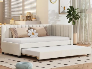ModernLuxe Cama individual 90x200 cm com cama de gavetão - forrada a veludo com base de ripas - Bege