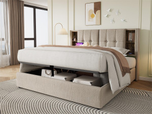 ModernLuxe Gestoffeerd opbergbed 140x200 cm - met draadloos opladen en opbergkop - linnen stof - Beige