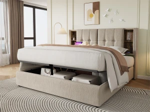 ModernLuxe Cama estofada com arrumação 140x200 cm - com carregamento sem fios e cabeça de arrumação - tecido de linho - Bege