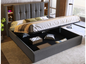 ModernLuxe Gewatteerd opbergbed 180x200 cm - met draadloos opladen en opberghoofd - katoenen stof - Grijs