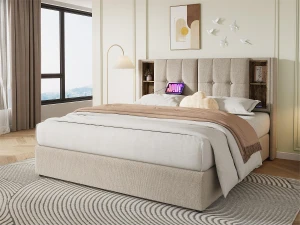 ModernLuxe Cama estofada 180x200 cm - com carregamento sem fios e cabeça de arrumação - tecido de linho - Bege