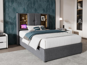 ModernLuxe Gewatteerd opbergbed 90x200 cm - met draadloos opladen en opberghoofd - katoenen stof - Grijs