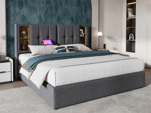 ModernLuxe Gewatteerd opbergbed 160x200 cm - met draadloos opladen en opberghoofd - katoenen stof - Grijs