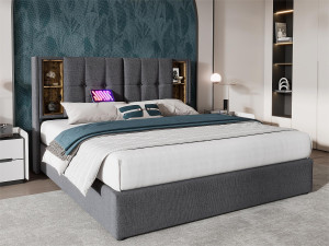 ModernLuxe Gewatteerd opbergbed 140x200 cm - met draadloos opladen en opberghoofd - katoenen stof - Grijs