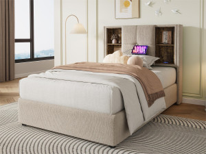 ModernLuxe Gestoffeerd opbergbed 90x200 cm - met draadloos opladen en opbergkop - linnen stof - Beige
