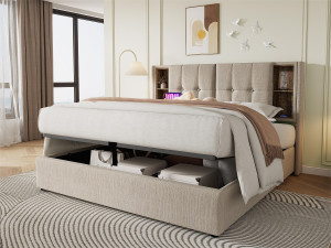 ModernLuxe Gestoffeerd opbergbed 160x200 cm - met draadloos opladen en opbergkop - linnen stof - Beige