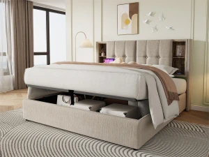 ModernLuxe Cama estofada 160x200 cm - com carregamento sem fios e cabeça de arrumação - tecido de linho - Bege