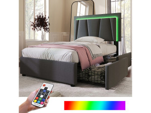 Merax Gestoffeerd kinderbed 90 x 200 cm 2 lades + verstelbaar hoofdeinde - LED's - Grijs