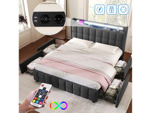 Merax Gewatteerd bed voor volwassenen 180 x 200 cm met 4 laden - USB + LED's - linnenstof - grijs