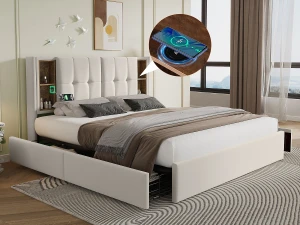 Merax Cama de casal 160 x 200 cm com carregamento sem fio USB C e 4 gavetas - veludo - bege