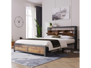 Merax Metalen bed 140 x 200 cm met opberghoofdeinde - industriële stijl - zwart