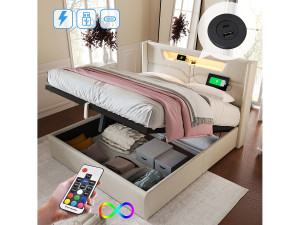 Merax Opbergbed voor volwassenen 140 x 200 cm met hoofdeinde - USB + Type C + LED's - linnen stof - beige