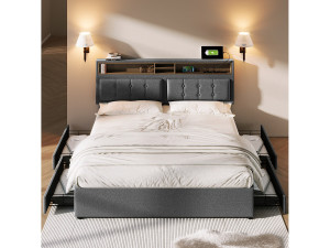 Merax Tweepersoonsbed 160 x 200 cm met 4 laden en USB C-aansluiting - verstelbaar hoofdeinde - grijs