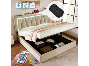Merax Opbergbed 140 x 200 cm voor volwassenen - USB + Type C + LED's - linnen stof - beige