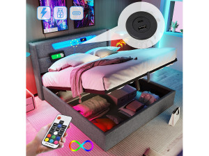 Merax Opbergbed voor volwassenen 160 x 200 cm met hoofdeinde - USB + Type C + LED's - linnen stof - grijs