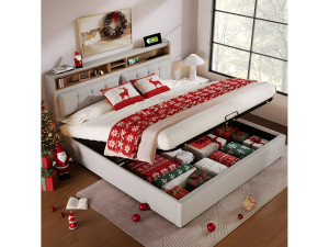 Merax Opbergbed 160 x 200 cm met opberghoofdeinde - USB - linnen stof - beige