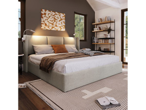 Merax Opbergbed 140 x 200 cm met hoofdeinde - linnenstof - USB + leeslamp - beige