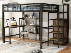 ModernLuxe Hoogslaper 140x200 cm - ijzeren frame - met bureau en planken - Zwart