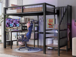 ModernLuxe Hoogslaper 90x200 cm - ijzeren frame - met bureau en planken - Zwart