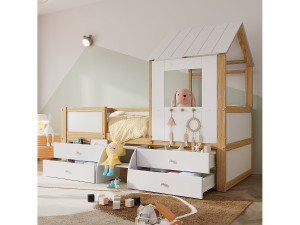 ModernLuxe Cabinebed 90x200 cm met veiligheidsbarrière - met 4 laden en trap - in grenenhout en MDF - Wit & Naturel
