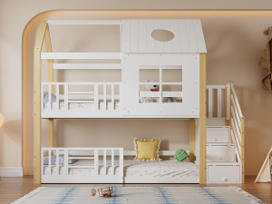 ModernLuxe Stapelbed van grenenhout en MDF - met opbergtrap - 90x200 cm - Wit & Naturel