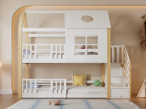 ModernLuxe Beliche em madeira de pinho e MDF - com escada de arrumação - 90x200 cm - Branco e Natural