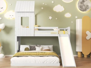 ModernLuxe Beliche para criança com escorregador e escada - 90x200 cm + 140x200 cm - em madeira de pinho e MDF - Branco