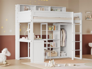 ModernLuxe Hoogslaper in grenenhout en MDF - 90x200 cm - met planken erboven, bureau en kledingkast - Wit