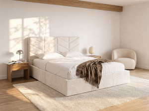 Vente-unique Bed met opbergruimte 180 x 200 cm - Stof met textuur - Crèmewit - JUSTANI
