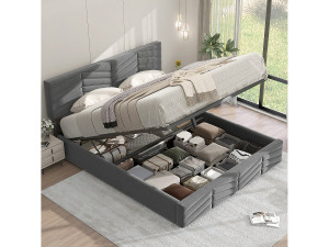 OKWISH Bed met opbergruimte 140x200 cm - grijze fluwelen stof - volwassen bed met in hoogte verstelbaar hoofdbord - zonder matras
