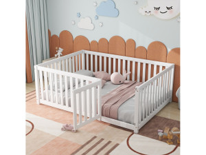 Merax Kinderbed 140 x 200, houten vloerbedframe met hek en deur, wit