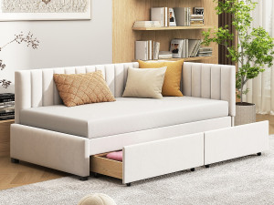 Merax Gestoffeerd bed 90 x 200 cm - Slaapbank met 2 lades - Fluweel - Beige