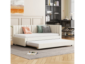 Merax Uitschuifbaar bed 90 x 190/200 cm - fluwelen slaapbank - lattenbodem - beige