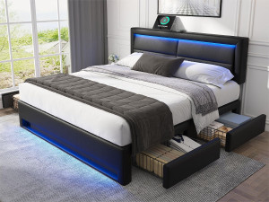ModernLuxe Tweepersoonsbed 140x200 cm in kunstleer met LED - 4 lades - met oplaadpoorten (bedraad & draadloos) - Zwart