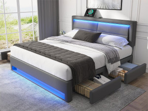 ModernLuxe Tweepersoonsbed 140x190 cm in kunstleer met LED - 4 lades - met oplaadpoorten (bedraad & draadloos) - Grijs
