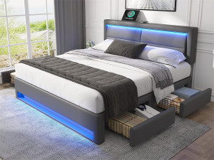 ModernLuxe Tweepersoonsbed 140x200 cm in kunstleer met LED - 4 lades - met oplaadpoorten (bedraad & draadloos) - Grijs