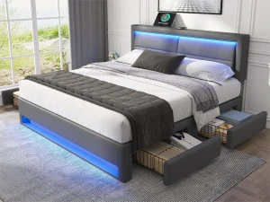 ModernLuxe Cama de casal 140x200 cm em imitação de pele com LED - 4 gavetas - com portas de carregamento (com e sem fios) - Cinza