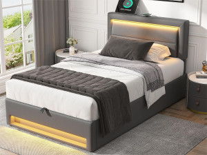 ModernLuxe 90x200 cm kunstleer opbergbed met LED - met oplaadpoorten (bedraad en draadloos) - Grijs