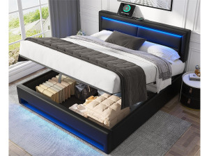ModernLuxe 160x200 cm kunstleer opbergbed met LED - met oplaadpoorten (bedraad en draadloos) - Zwart