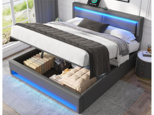 ModernLuxe 140x200 cm kunstleer opbergbed met LED - met oplaadpoorten (bedraad en draadloos) - Grijs
