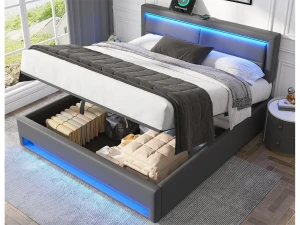 ModernLuxe Cama de arrumação em pele sintética de 140x200 cm com LED - com portas de carregamento (com e sem fios) - Cinzento