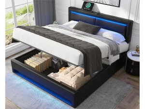 ModernLuxe Cama de arrumação em pele sintética de 140x200 cm com LED - com portas de carregamento (com e sem fios) - Preto