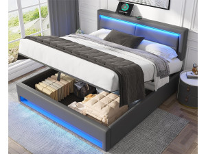 ModernLuxe 160x200 cm kunstleer opbergbed met LED - met oplaadpoorten (bedraad en draadloos) - Grijs