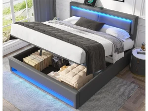 ModernLuxe Cama de arrumação 140x190 cm em pele sintética com LED - com portas de carregamento (com e sem fios) - Cinzento