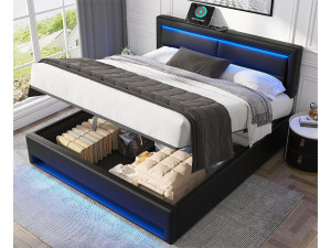 ModernLuxe Opbergbed 140x190 cm in kunstleer met LED - met oplaadpoorten (bedraad & draadloos) - Zwart
