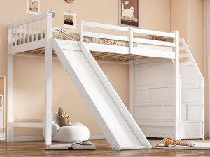 ModernLuxe Mezzaninebed 90x200cm in grenenhout - met glijbaan en opbergladder - Wit