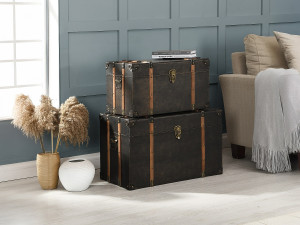 Vente-unique Set van 2 Koffers van hout en MDF - Bekleding van kunstleer - L. 64 x D. 39 x H. 34 cm en L. 54 x D. 30 x H. 30 cm - Donkerbruin -