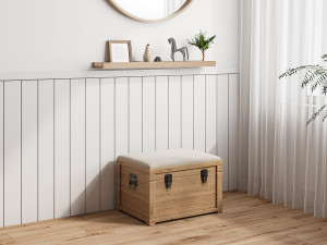 Vente-unique Bankje met opbergruimte met linnen kussen - L80 x D40 x H53 cm - Naturel en beige - TURZA