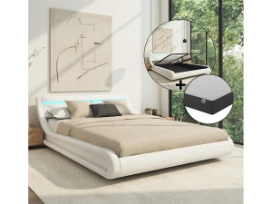 MB Muebles Bonitos Cama de matrimonio con Canapé y Colchón 140x190cm en Blanco con LED Parisina